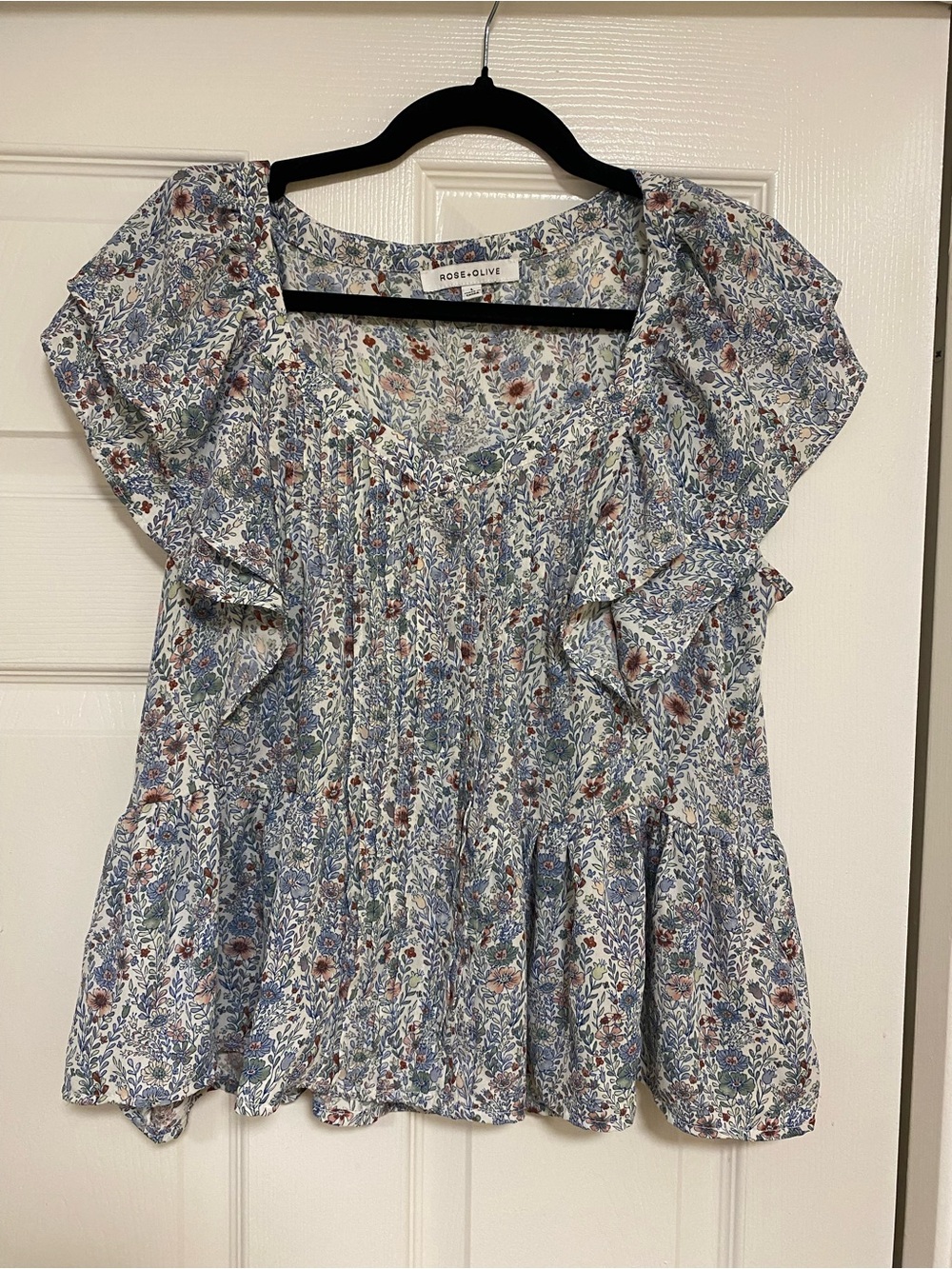 Rose & Olive Light Blue Floral Ruffle Peasant Blouse